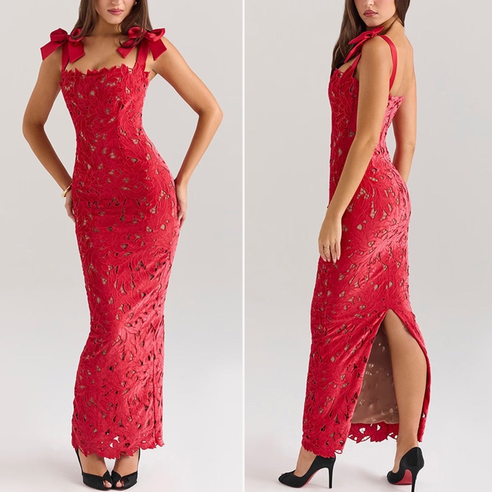 Elegant Red Lace Maxi Dress
